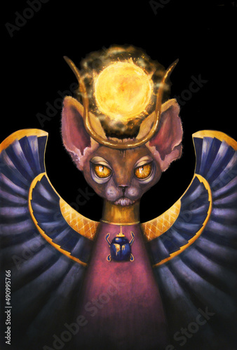Mysterious Egyptian cat with a fireball and wings scarab hand drawn painting.