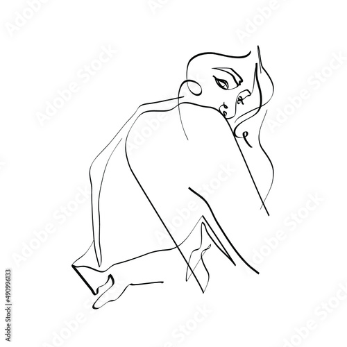 Silhouette of a women in a dress with an open shoulders. Pretty and sexy young girl. Abstract minimalistic sketch in black continuous lines. Great for postcard, textiles, logo, icon, avatar.