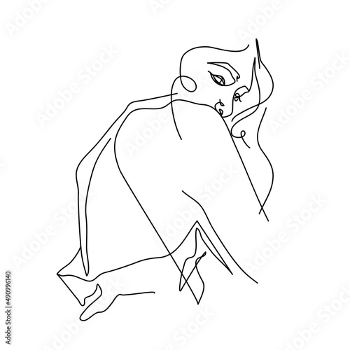 Silhouette of a women in a dress with an open shoulders. Pretty and sexy young girl. Abstract minimalistic sketch in black continuous lines. Great for postcard, textiles, logo, icon, avatar.