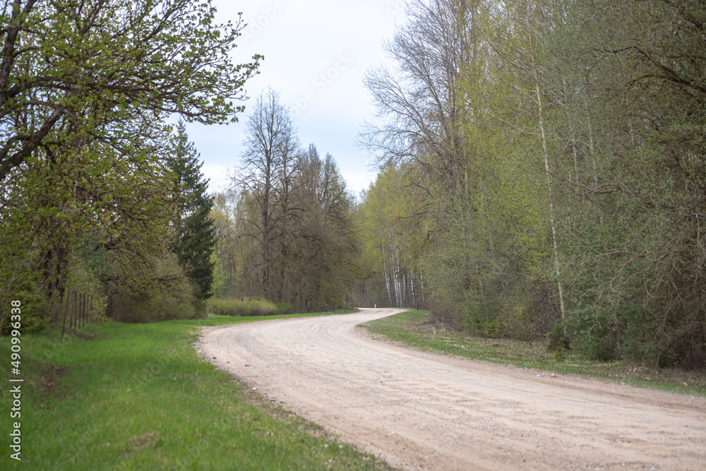 winding sand and gravel road in spring season in Latvia winding sand and gravel road in spring season in Latvia