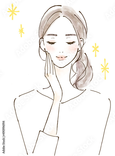 綺麗な女性のイラスト　手描き　水彩風　美容