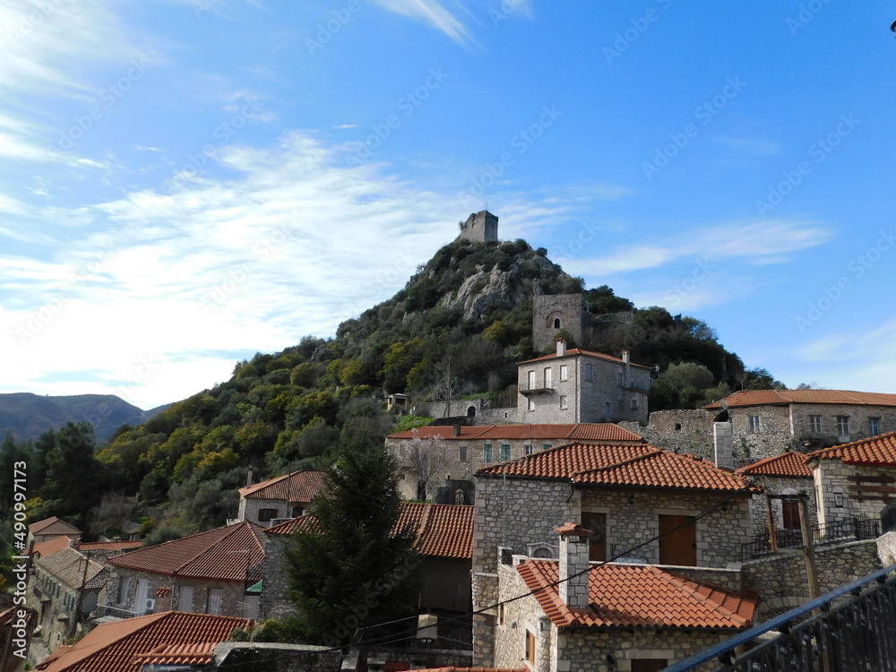 View of the historic town and castle of Karytaina, in Arcadia, Greece
