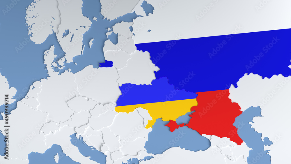 Map of Russia and Ukraine on the world map. The borders of Russia and Ukraine. Representation of the limits of the possibility of war, 3d render.