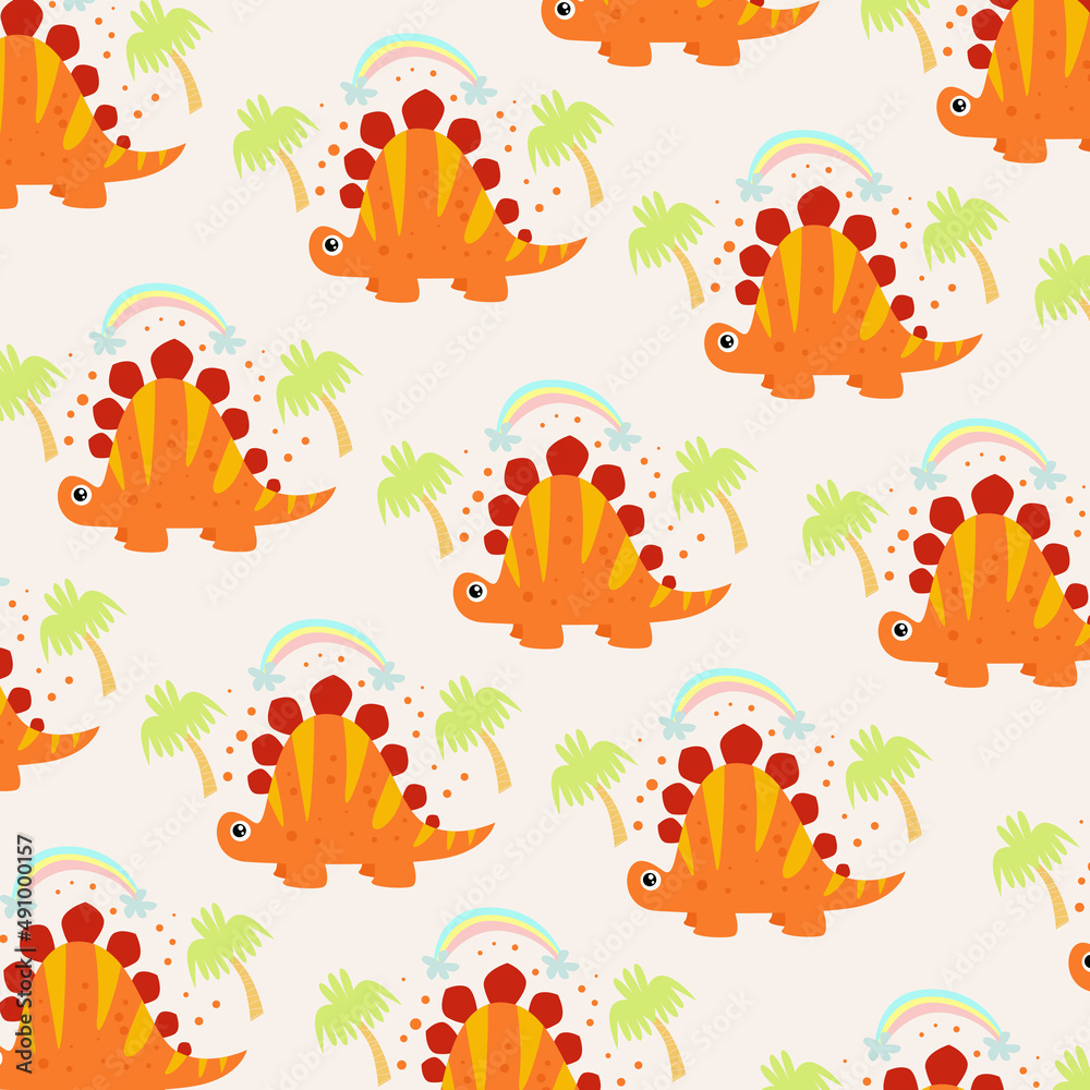 Cute dinosaur seamless pattern with rainbow and trees. pattern For valentine,bed sheets, cover bed, baby pajamas, print, packaging, decoration, wallpaper and design Cute dinosaur seamless pattern with rainbow and trees. pattern For valentine,bed sheets, cover bed, baby pajamas, print, packaging, decoration, wallpaper and design