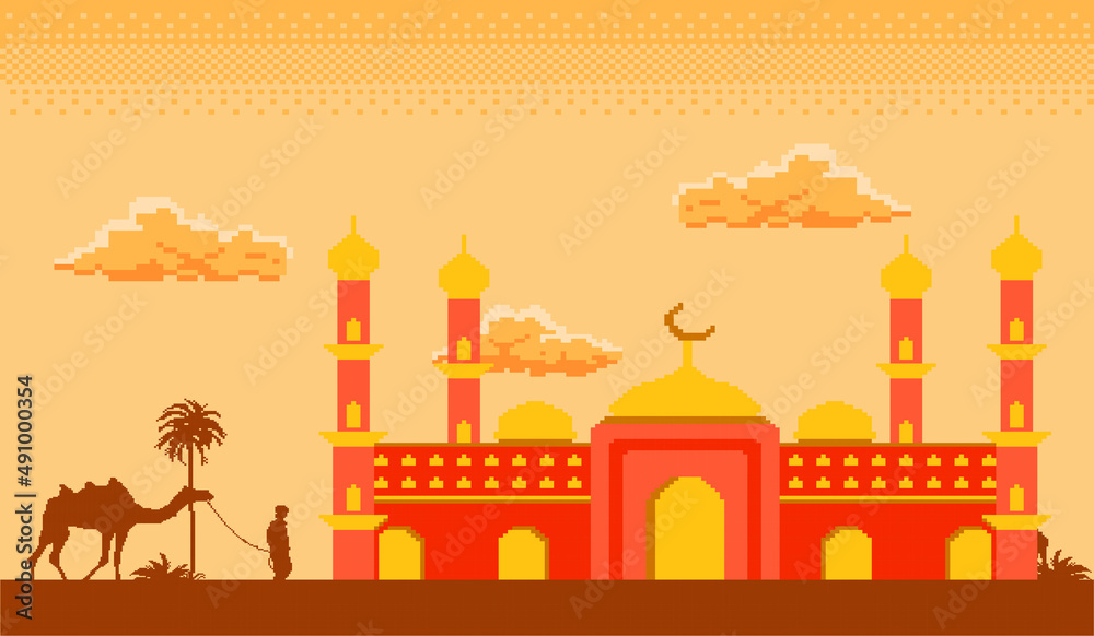 pixel art of ramadan month there are magnificent mosque buildings, camels under the clouds and beautiful sky