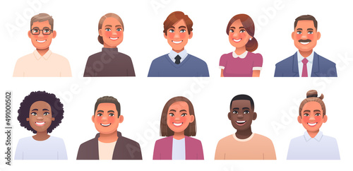 Set of business people portraits. Collection of avatars of men and women of different nationalities. Office workers characters