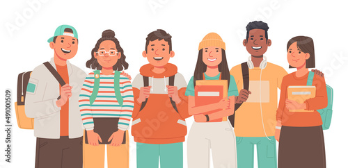 Company of modern happy teenagers friends. A group of school or college students. Portrait of young people, guys and girls