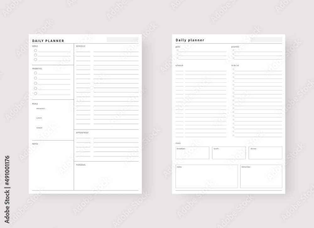 Daily planner template. Set of planner and to do list. Modern planner template set. Vector illustration. 