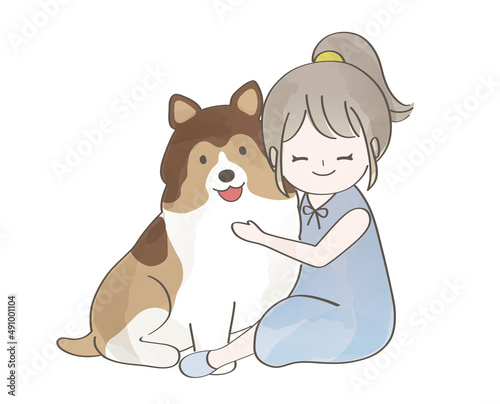 女の子と愛犬の水彩風イラスト