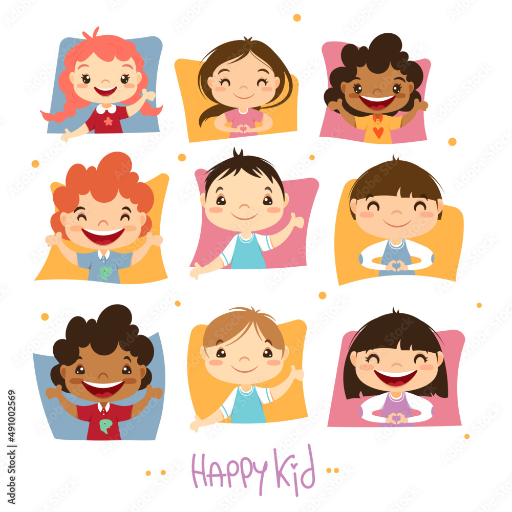 A set of illustrations with children. Children's portraits in cartoon style. Happy children. Poster. Children's Day greeting card. A set of illustrations with children. Children's portraits in cartoon style. Happy children. Poster. Children's Day greeting card.