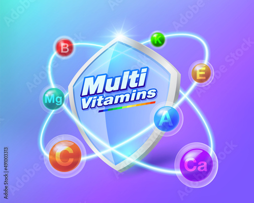 Multivitamin shield icon concept inspiration Many vitamins orbit around the clear blue glass shield. Protect your body and keep it healthy.