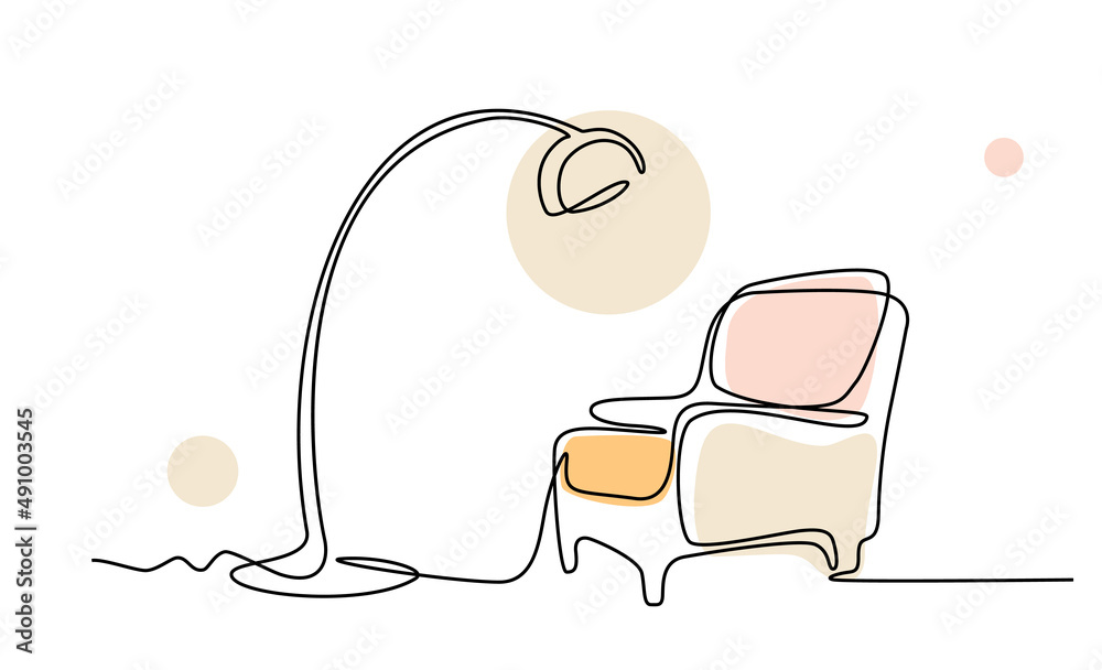 Continuous line drawing of armchair and lamp. One line of interior ...
