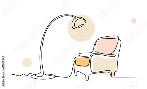 Continuous line drawing of armchair and lamp. One line of interior Living room with modern furniture with color abstract shapes. Single line elements. Hand draw contour of indoor. Doodle illustration