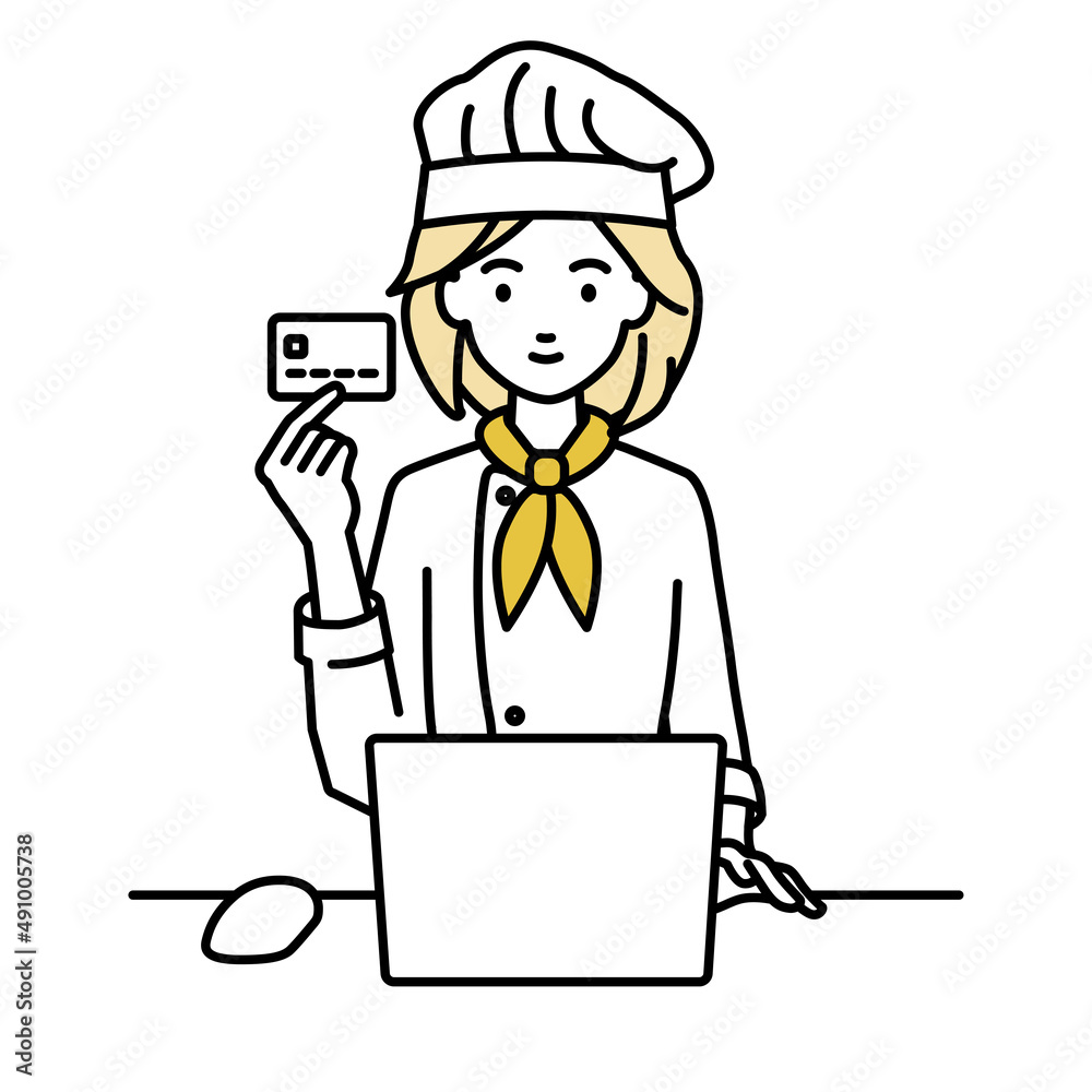 デスクで座ってPCを使いながらクレジットカードを手に持っている調理師の女性