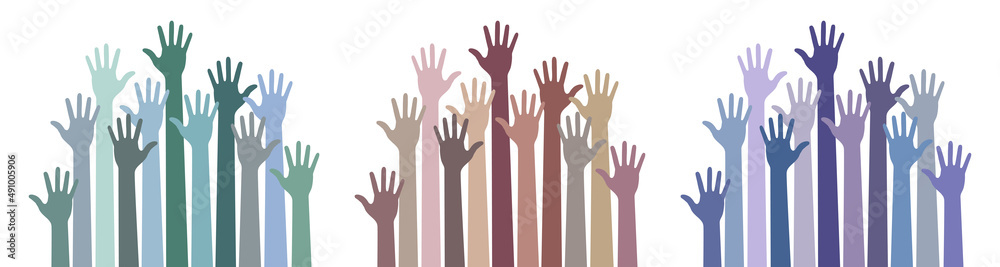 Caring up hands set. Pastel colors. Logo design element. Volunteers hands up emblem icon for education, health care, medical, volunteer, vote. Vector illustration Caring up hands set. Pastel colors. Logo design element. Volunteers hands up emblem icon for education, health care, medical, volunteer, vote. Vector illustration