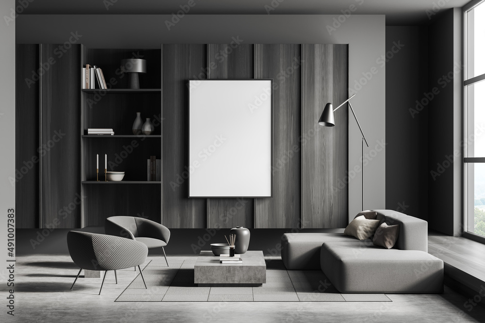 Dark living room interior with empty white poster, panoramic window
