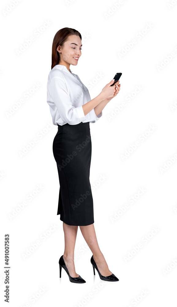 Businesswoman with phone in hands, smiling isolated over white background Businesswoman with phone in hands, smiling isolated over white background