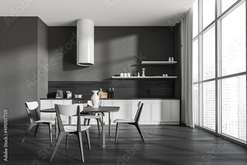 Wallpaper Mural Dark kitchen room interior with dining table, chairs, barstools Torontodigital.ca