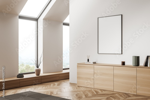 White exhibition room interior with wooden drawer  window and mockup frame
