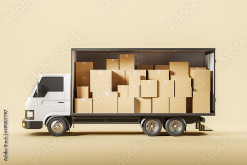 Truck full of carton boxes, shipping and delivery of goods photo
