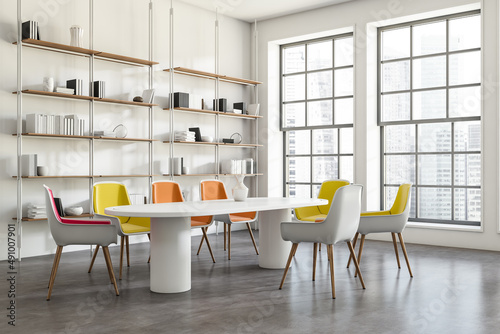 Photography Corner view on bright office room interior with meeting board