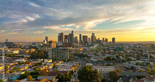 Los angeles aerial view, flying with drone. Los angels downtown cityscape.