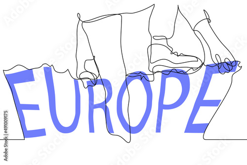 refugee migrant arrives in europe roundabout - one line drawing vector. refugee crisis concept, bypass illegal way, moving to europe