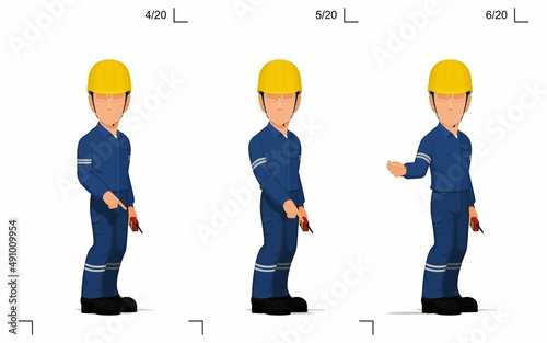 An industrial worker is explaining something on the floor