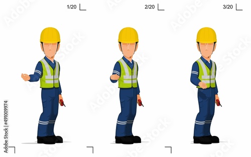 An industrial worker is explaining something on the floor