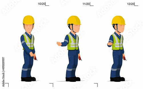An industrial worker is explaining something on the floor