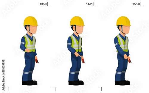 An industrial worker is explaining something on the floor