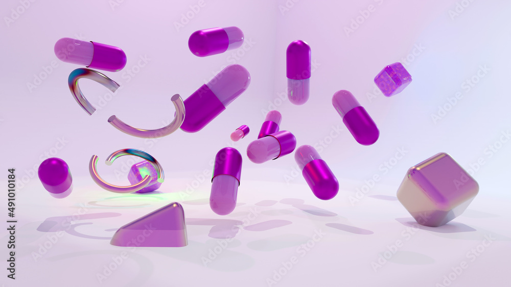 plenty of floating purple pills with .geometric shapes. 3d render plenty of floating purple pills with .geometric shapes. 3d render