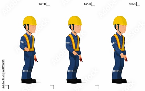 An industrial worker is explaining something on the floor