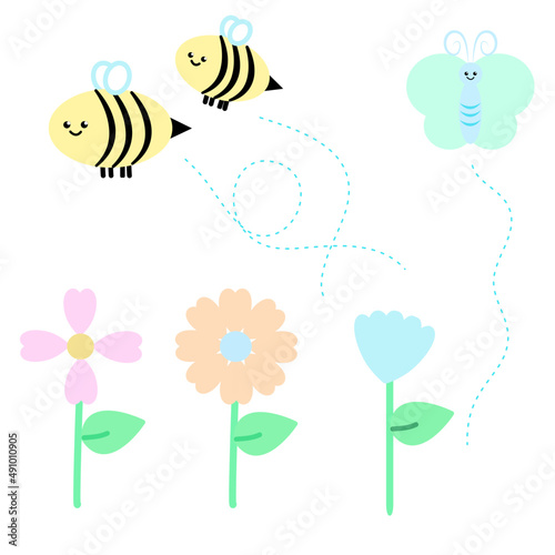 Both bees and butterflies fly amongst the pastel flowers. It's a vector illustration style.