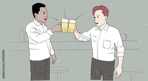 Two worker toast with beer to celebrate successful work as a team
