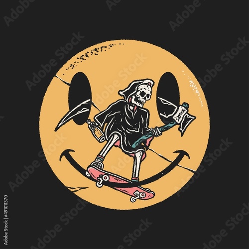 skeleton skateboarding on smile emoticon