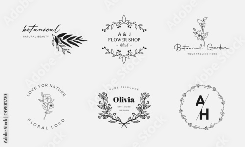 Botanical Floral element Hand Drawn Logo with Wild Flower and Leaves. Logo for spa and beauty salon, boutique, organic shop, wedding, floral designer, interior, photography, cosmetic.