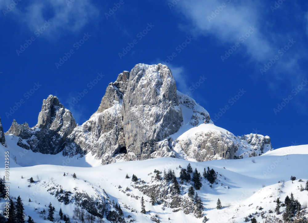 Snow-covered high alpine pastures and rocky peaks of the Alpstein massif in winter attire (Appenzell Alps massif), Unterwasser - Canton of St. Gallen, Switzerland (Schweiz)