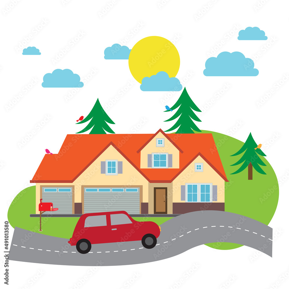 Vector Illustration of Residential House in Summer. Home Landscape Scenery Vector Illustration of Residential House in Summer. Home Landscape Scenery