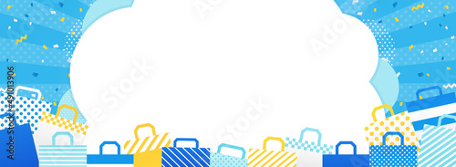 バナー向け　ショッピングバッグ×集中線×紙吹雪の水色フレーム（横長）
