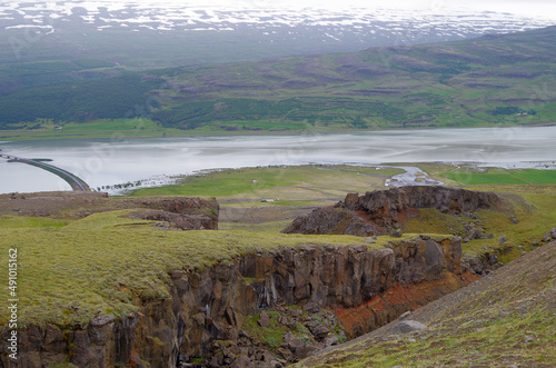 Breathtaking scenery of mountains, galciers and waterfalls in Seydisfjordur, Iceland during cruising to Polar Sea with beautiful scenic panorama nature landscape in Fjord photo