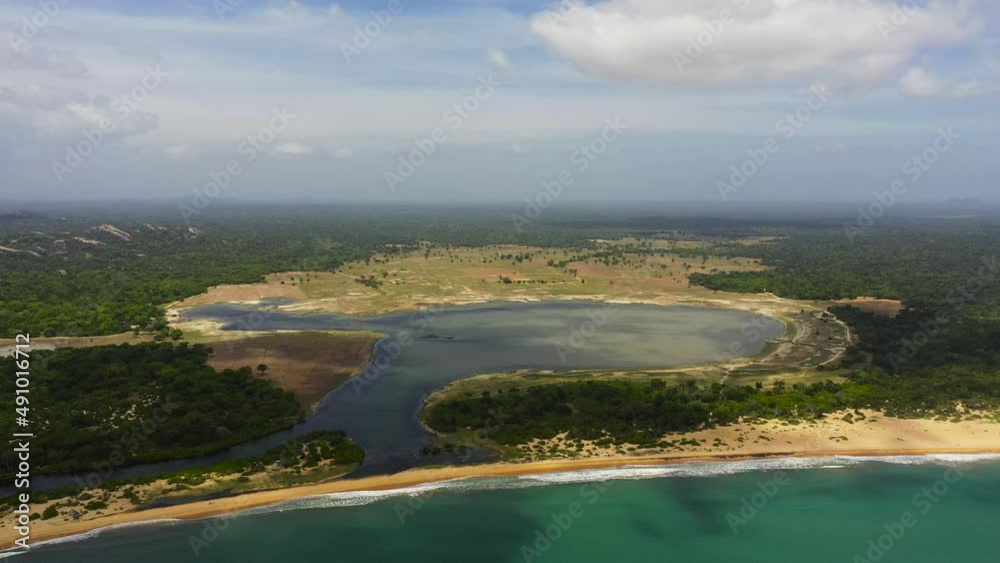 Aerial drone of coast of Sri Lanka with beaches and tropical vegetation. Aerial drone of coast of Sri Lanka with beaches and tropical vegetation.