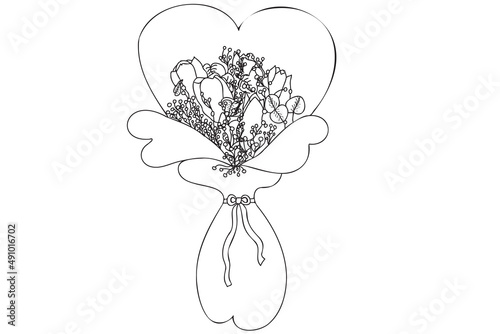 Black and white line art flowers in bouquet. Bouquet with heart shape. Heart shape contour, outline bouquet illustration.