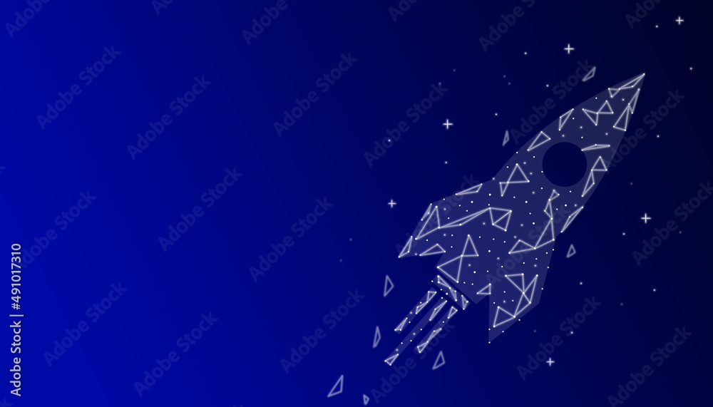 A rocket icon in a low poly particles form on a blue background with copy space.