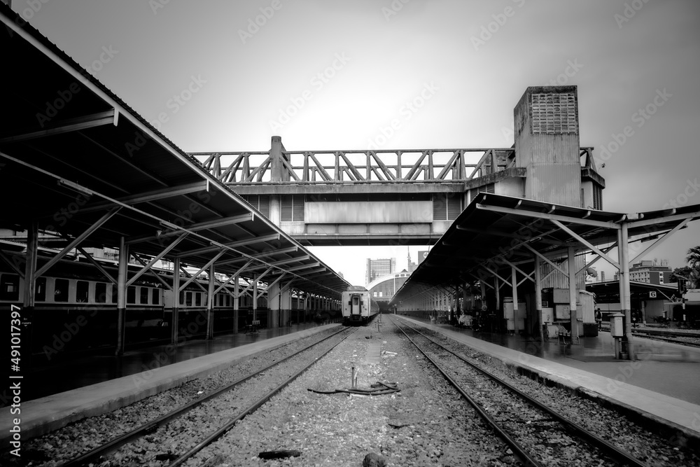 Black and white Railroad tracks and platforms with railway station roofs