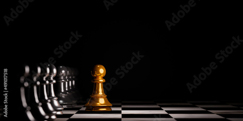 Golden pawn chess move out from line for different thinking and leading change , Disruption and unique concept by 3d render. photo