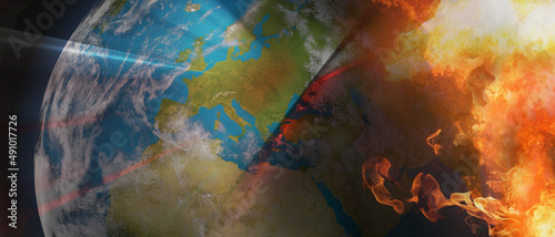 planet earth globe abstract creative with fire and flames focus on East Europe 3d-illustration. elements of this image furnished by NASA