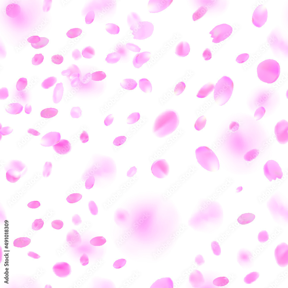Sakura petals flying vector background. Pink flower petals seamless pattern.