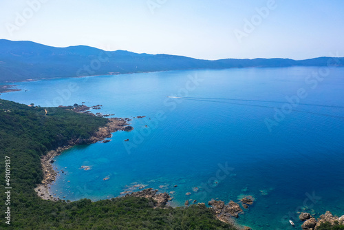 Aerial view of rocky coastline of corsican Cap Corse near Erbalunga, Corsica, France. Tourism and vacations concept.