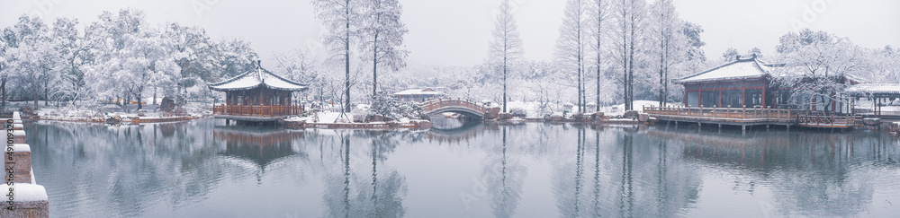 Obraz premium Winter Snow Scenery in Cherry Blossom Garden in East Lake Scenic Area, Wuhan, Hubei